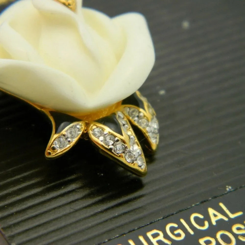 Beige Lucite Rose Flower Enamel Rhinestones Post - Picture 3 of 4